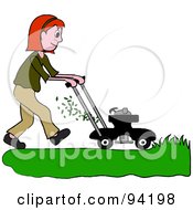 Red Haired Girl Mowing A Lawn With A Mower
