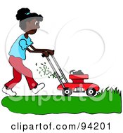 African American Girl Mowing A Lawn With A Mower