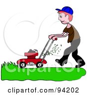 Poster, Art Print Of Red Haired Caucasian Boy Mowing A Lawn With A Mower