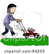 Asian Girl Mowing A Lawn With A Mower