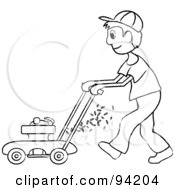 Poster, Art Print Of Outlined Boy Mowing A Lawn With A Mower