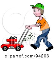 Brunette Caucasian Boy Pushing A Lawn Mower