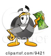 Hockey Puck Mascot Cartoon Character Holding A Dollar Bill