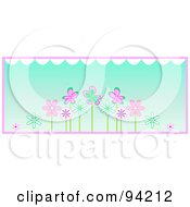 Poster, Art Print Of Row Of Pink And Turquoise Spring Flowers Under White Scallops Over Blue With Pink Trim