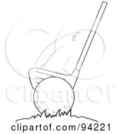 Royalty Free RF Clipart Illustration Of An Outlined Golf Club Swinging And Making Contact With A Ball On The Putting Green