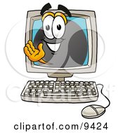 Hockey Puck Mascot Cartoon Character Waving From Inside A Computer Screen