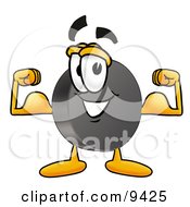 Hockey Puck Mascot Cartoon Character Flexing His Arm Muscles