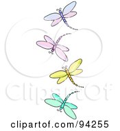 Poster, Art Print Of Vertical Border Of Purple Pink Yellow And Blue Dragonflies