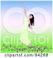 Poster, Art Print Of Graceful Lady Dancing In A Green Dress Over Flowers