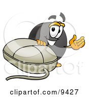 Poster, Art Print Of Hockey Puck Mascot Cartoon Character With A Computer Mouse