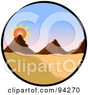 Poster, Art Print Of Circle Scene Of A Sun Rising Over Mountains In A Desert Landscape