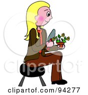 Poster, Art Print Of Pleasant Caucasian Woman Sitting On A Stool And Gardening