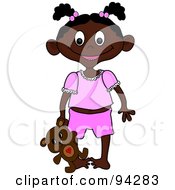 Royalty Free RF Clipart Illustration Of A Little African American Girl In Her Pjs Holding Her Teddy Bear At Her Side by Pams Clipart