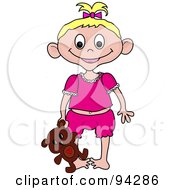 Poster, Art Print Of Little Caucasian Girl In Her Pjs Holding Her Teddy Bear At Her Side