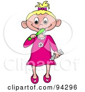 Poster, Art Print Of Little Caucasian Girl Brushing Her Teeth Before Bed Time