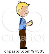 Poster, Art Print Of Blond Caucasian Boy Standing And Eating A Sandwich