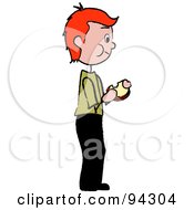 Poster, Art Print Of Red Haired Caucasian Boy Standing And Eating A Sandwich