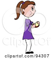 Poster, Art Print Of Brunette Caucasian Girl Standing And Eating A Sandwich