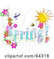Poster, Art Print Of Spring Time Greeting With A Dragonfly Bee And Flowers Under The Sun