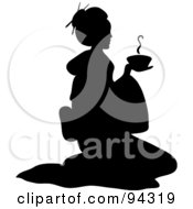 Royalty Free RF Clipart Illustration Of A Black Silhouette Of A Geisha Sitting On A Pillow And Holding Hot Tea