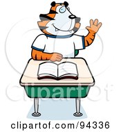 Poster, Art Print Of Tiger Student Raising His Hand At A Desk