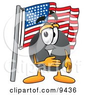 Hockey Puck Mascot Cartoon Character Pledging Allegiance To An American Flag