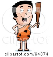 Royalty Free RF Clipart Illustration Of A Young Caveman Holding Up A Club by Cory Thoman