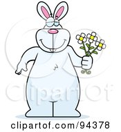 Poster, Art Print Of Big White Rabbit Standing And Holding Flowers