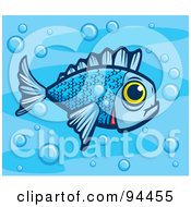 Poster, Art Print Of Blue Fish With A Big Yellow Eye In Bubbly Water