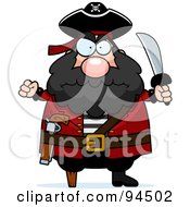 Plump Angry Pirate Holding Up A Fist And Sword