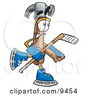 Clipart Picture Of A Hammer Mascot Cartoon Character Playing Ice Hockey