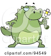 Royalty Free RF Clipart Illustration Of A Plump Green Lizard Smelling A Flower