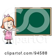 Poster, Art Print Of White School Girl Presenting A Blank Chalkboard