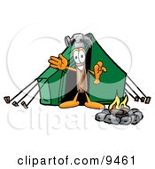 Hammer Mascot Cartoon Character Camping With A Tent And Fire