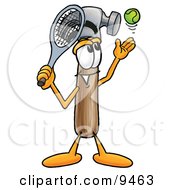 Poster, Art Print Of Hammer Mascot Cartoon Character Preparing To Hit A Tennis Ball