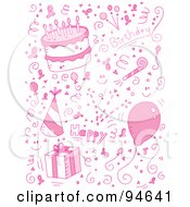 Poster, Art Print Of Pink Birthday Collage Of Doodles