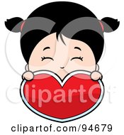 Poster, Art Print Of Cute Asian Girl Holding And Looking Over A Red Heart