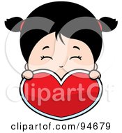 Royalty Free RF Clipart Illustration Of A Cute Asian Girl Holding And Looking Over A Red Heart