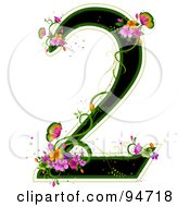 Poster, Art Print Of Black Number 2 Outlined In Green With Colorful Flowers And Butterflies