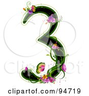 Poster, Art Print Of Black Number 3 Outlined In Green With Colorful Flowers And Butterflies