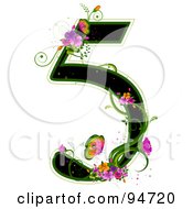 Poster, Art Print Of Black Number 5 Outlined In Green With Colorful Flowers And Butterflies