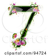 Poster, Art Print Of Black Number 7 Outlined In Green With Colorful Flowers And Butterflies