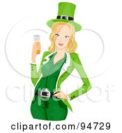 Poster, Art Print Of Blond St Patricks Day Girl In Green Holding A Beer