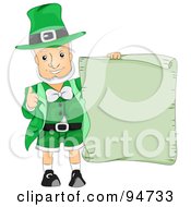 Poster, Art Print Of Old Leprechaun Man Holding Up A Blank Green Scroll Sign
