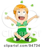 Poster, Art Print Of Happy St Patricks Day Boy Sitting On Grass And Throwing Clovers Into The Air