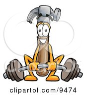 Clipart Picture Of A Hammer Mascot Cartoon Character Lifting A Heavy Barbell