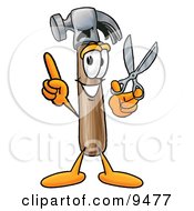 Hammer Mascot Cartoon Character Holding A Pair Of Scissors by Mascot Junction