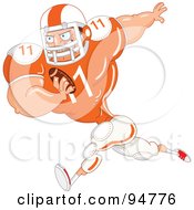 Royalty Free RF Clipart Illustration Of A Muscular Football Player In An Orange Uniform Running With The Ball In Hand