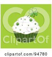 Poster, Art Print Of Clover Sprinkles And A Shamrock On A St Patricks Day Cupcake With Vanilla Frosting