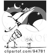 Black And White Wood Carving Styled Astronomer Viewing A Super Woman Flying Through A Night Sky